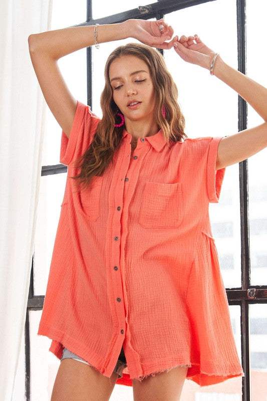 ADORA Raw Hem Collared Neck Button Down Shirt - Trendsi - Flyclothing LLC