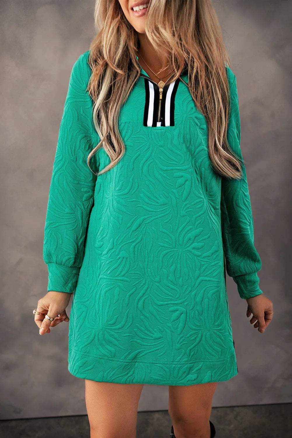 Texture Quarter Zip Long Sleeve Mini Dress - Trendsi - Flyclothing LLC