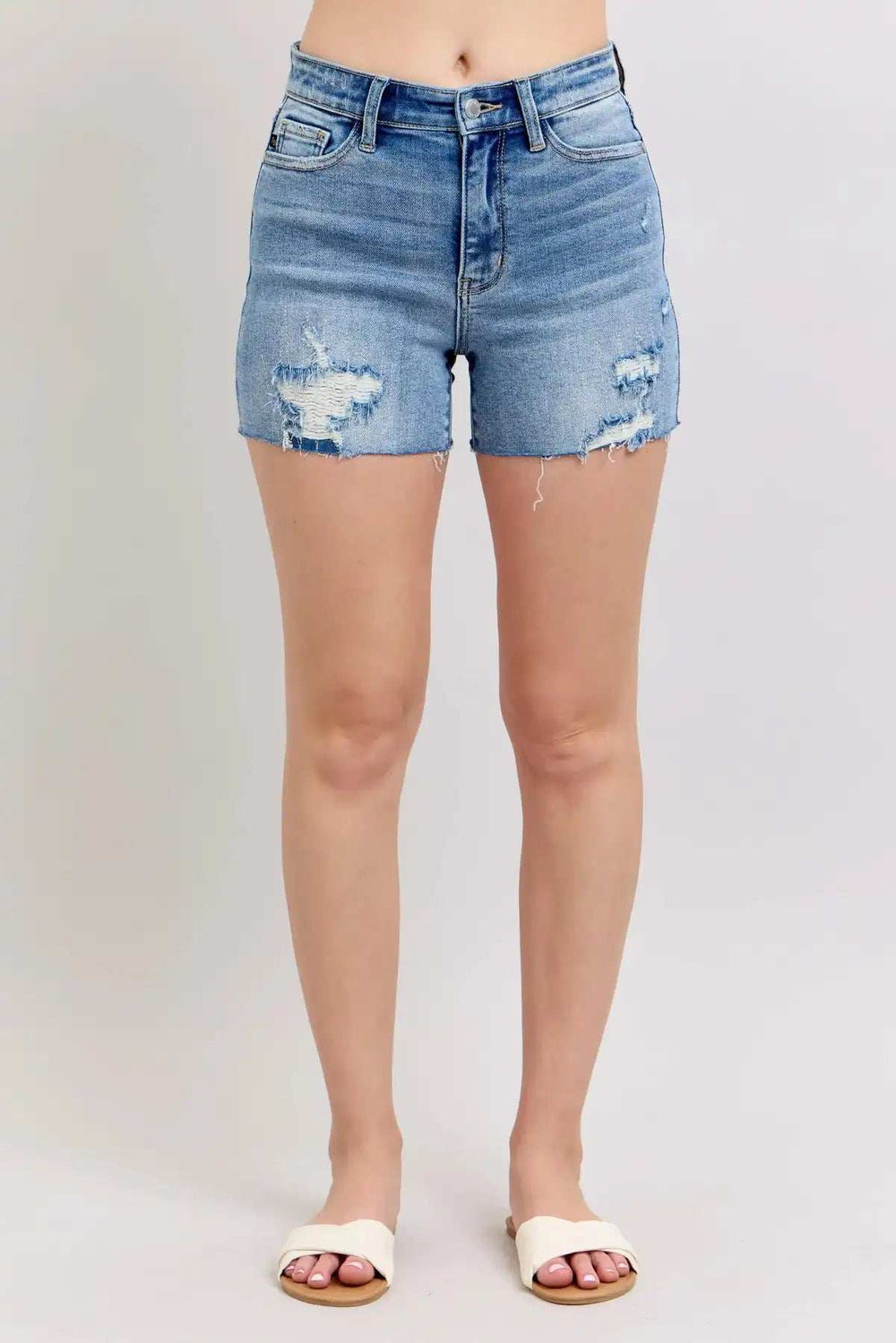 Judy Blue Full Size High Waist Denim Shorts W/stitch Over Destroy Detail Plus Size - Trendsi - Flyclothing LLC