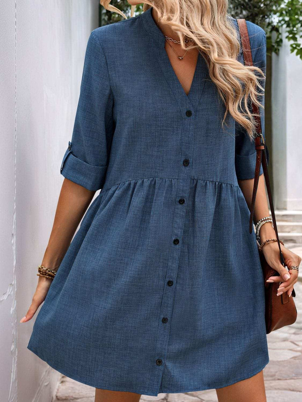 Perfee Button Down Notched Half Sleeve Mini Shirt Dress - Trendsi - Flyclothing LLC