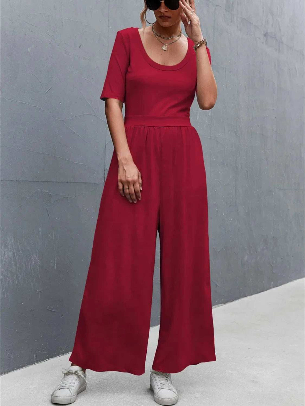 Scoop Neck Short Sleeve Jumpsuit - Trendsi - Flyclothing LLC