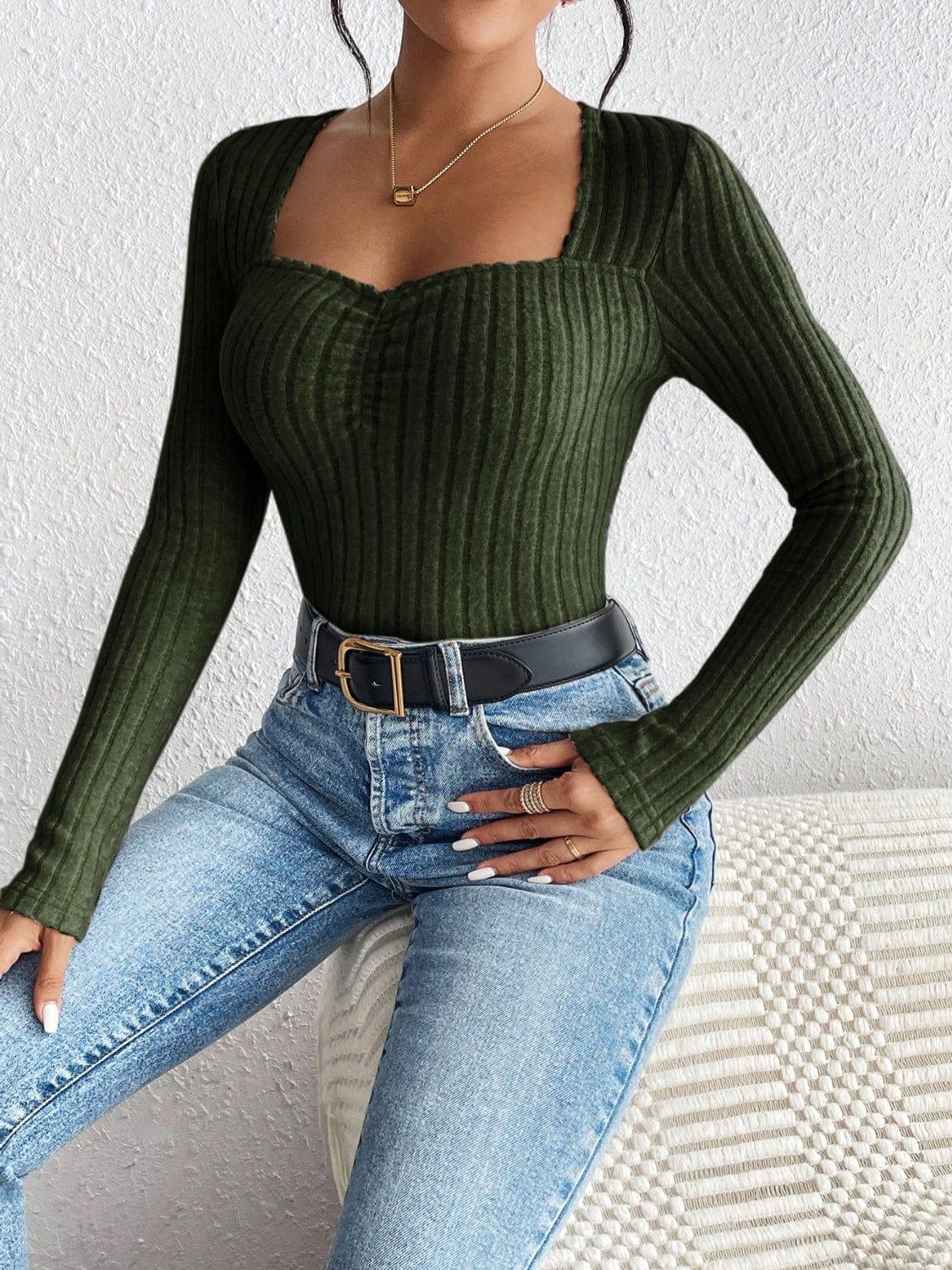 Honey Ribbed Long Sleeve T-Shirt - Trendsi