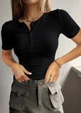 Round Neck Quarter Button Short Sleeve Top - Trendsi