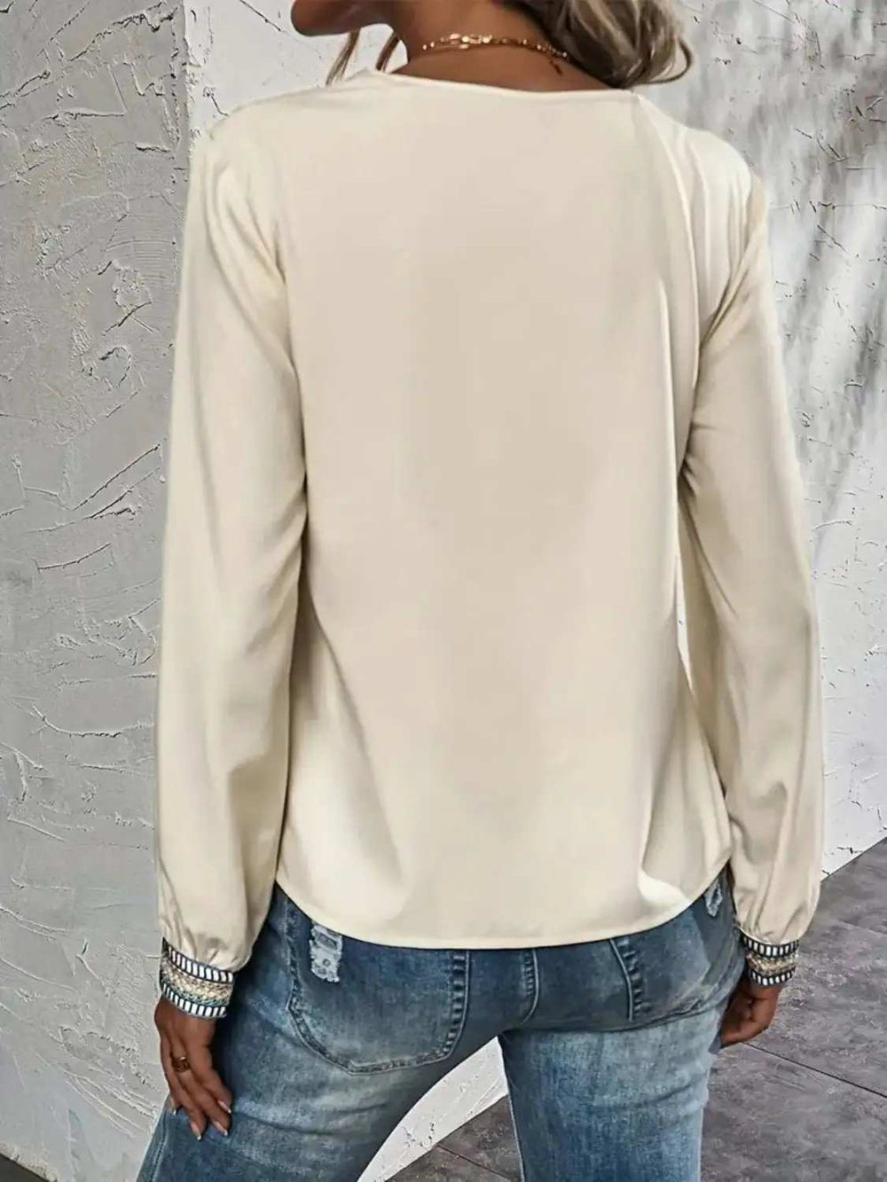 Contrast V-Neck Long Sleeve Blouse - Trendsi - Flyclothing LLC