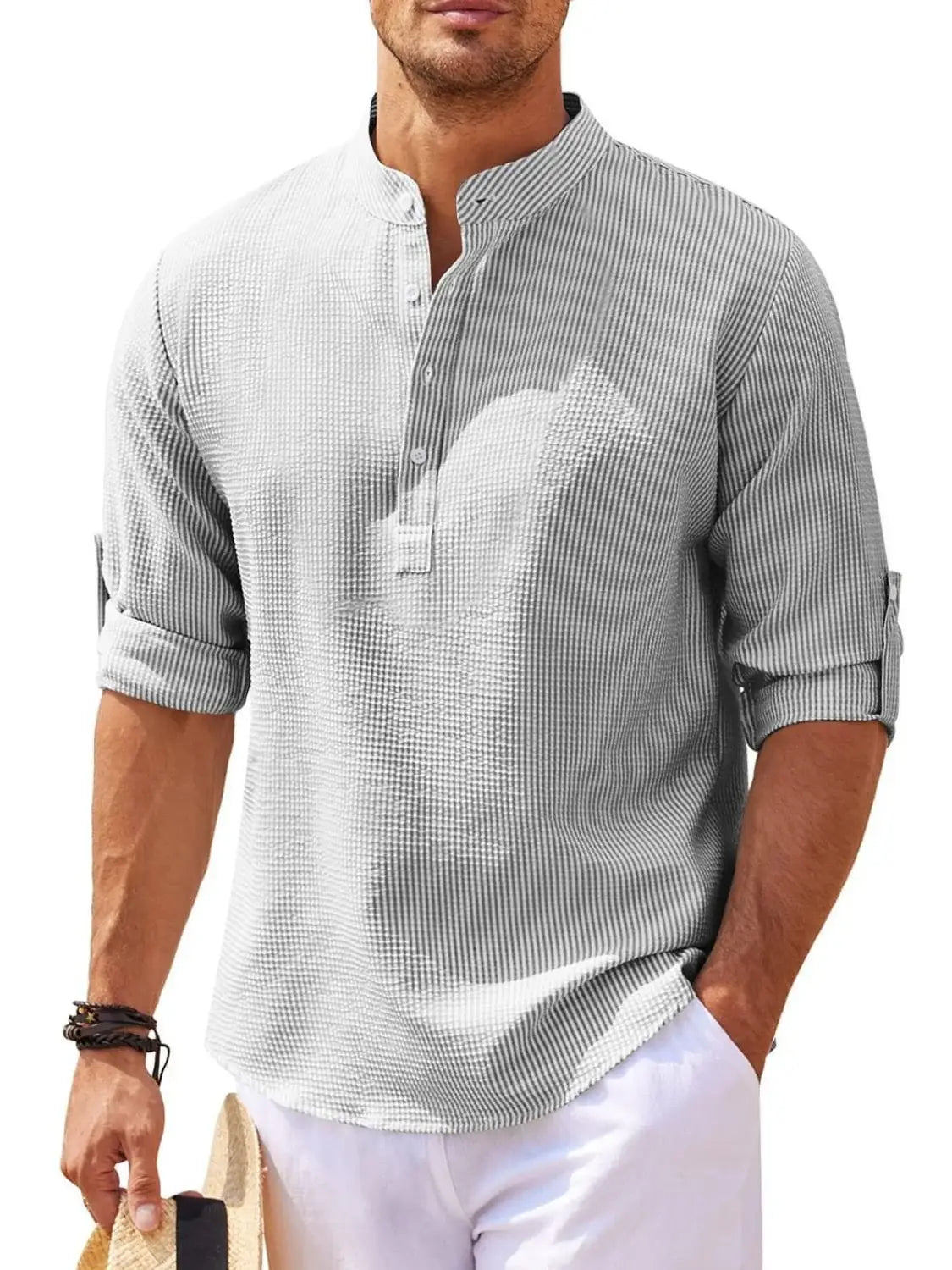 Men's Full Size Half Button Long Sleeve Shirt Plus Size - Trendsi - Flyclothing LLC