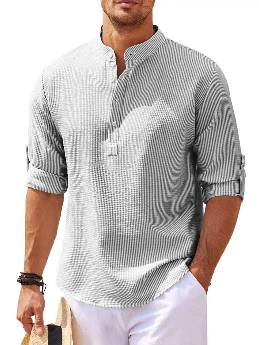 Men's Full Size Half Button Long Sleeve Shirt Plus Size - Trendsi - Flyclothing LLC
