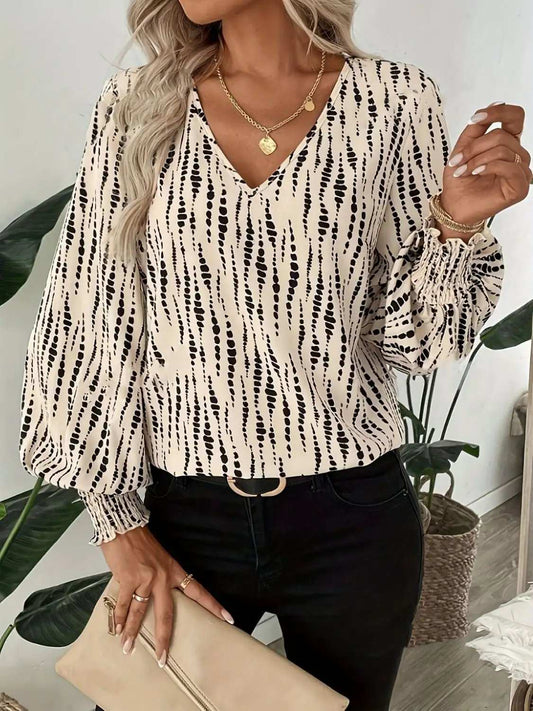 Printed V-Neck Lantern Sleeve Blouse - Trendsi - Flyclothing LLC