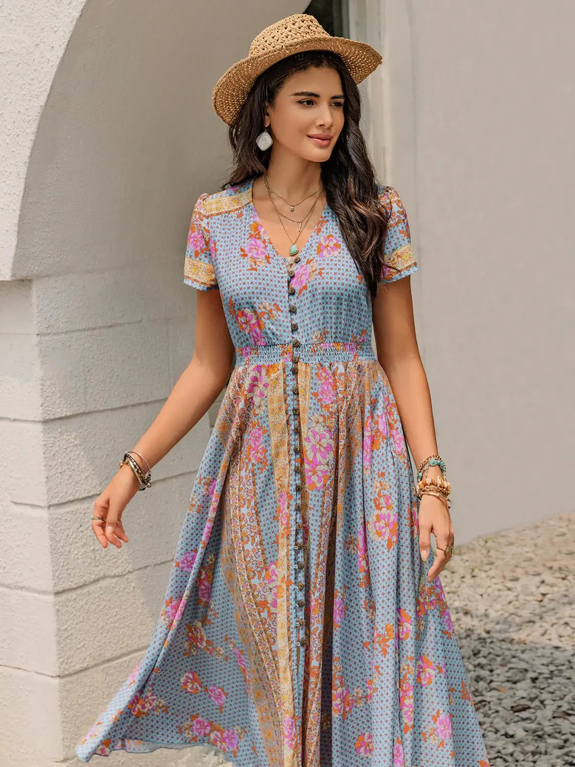 Smocked Floral V-Neck Short Sleeve Midi Dress - Trendsi - Flyclothing LLC