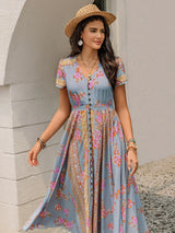 Smocked Floral V-Neck Short Sleeve Midi Dress - Trendsi - Flyclothing LLC
