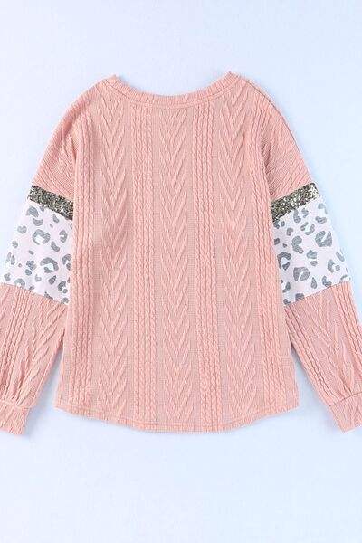Sequin Leopard Round Neck Long Sleeve Sweater - Trendsi - Flyclothing LLC