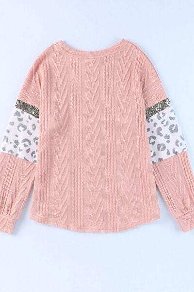 Sequin Leopard Round Neck Long Sleeve Sweater - Trendsi - Flyclothing LLC