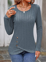 Decorative Button Round Neck Long Sleeve T-Shirt - Trendsi - Flyclothing LLC