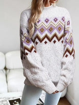 Geometric Pattern Mock Neck Sweater - Trendsi - Flyclothing LLC