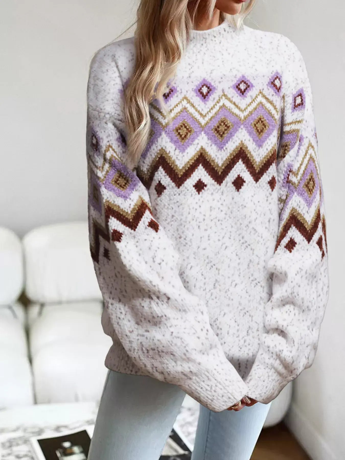 Geometric Pattern Mock Neck Sweater - Trendsi - Flyclothing LLC