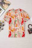 Printed Notched Short Sleeve Blouse - Trendsi - Flyclothing LLC