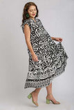 Umgee Full Size Two Tone Border Print Ruffle Cap Sleeve Midi Dress Plus Size - Trendsi - Flyclothing LLC