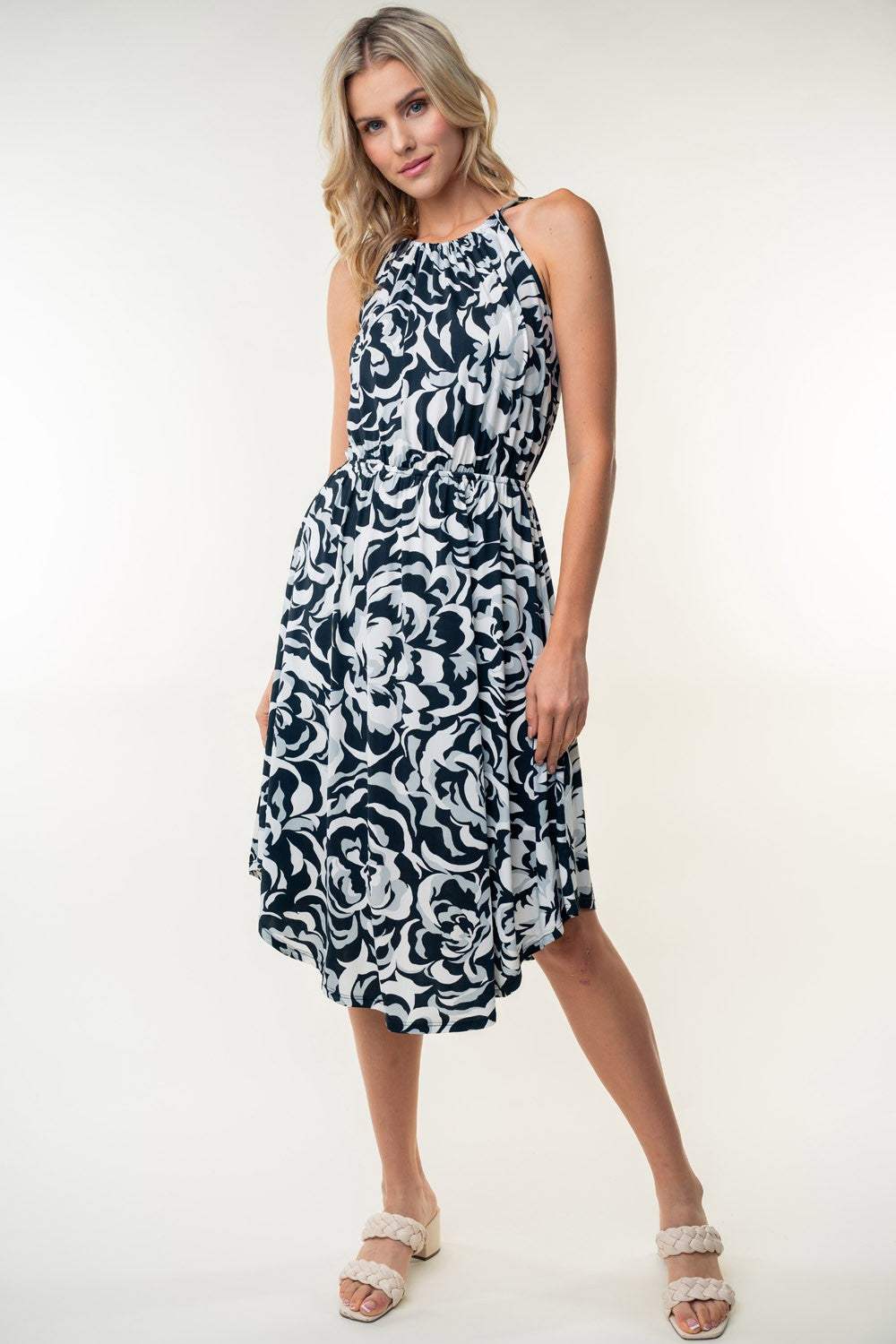 White Birch Tied Ruched Floral Sleeveless Knee Length Dress - Trendsi - Flyclothing LLC