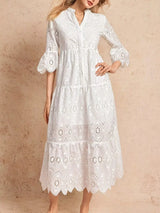Eyelet Notched Tiered Midi Dress - Trendsi - Flyclothing LLC