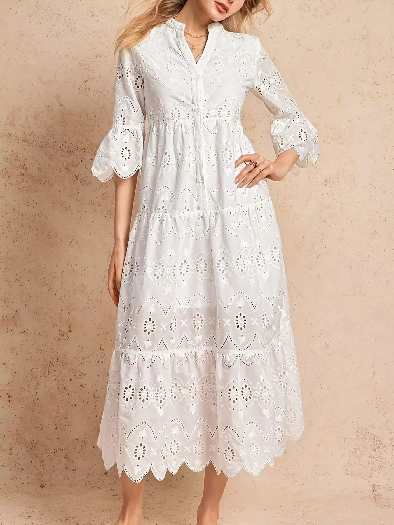 Eyelet Notched Tiered Midi Dress - Trendsi - Flyclothing LLC