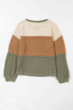 Waffle-Knit Color Block Round Neck Long Sleeve Blouse - Trendsi - Flyclothing LLC