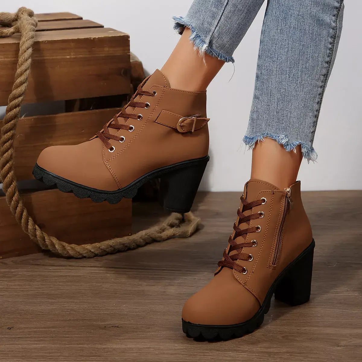 Lace Up Block Heels Boots - Trendsi - Flyclothing LLC