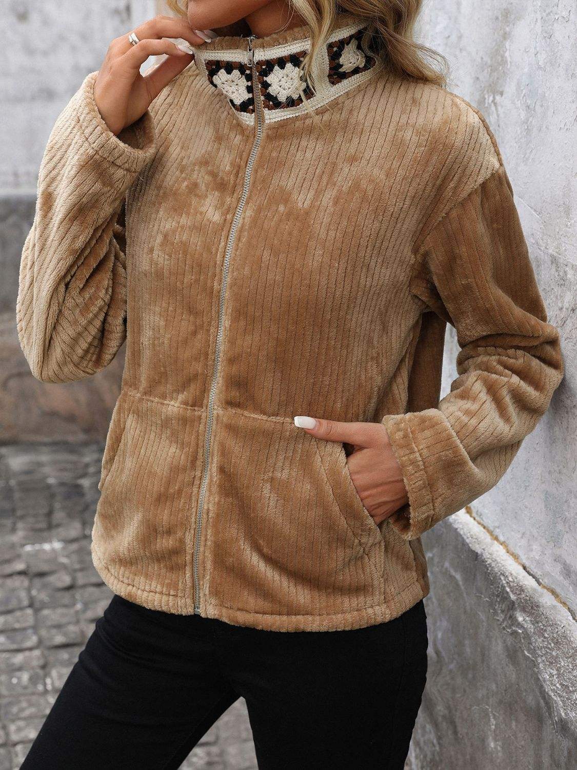 Perfee Pocketed Zip Up Collared Neck Long Sleeve Jacket - Trendsi - Flyclothing LLC