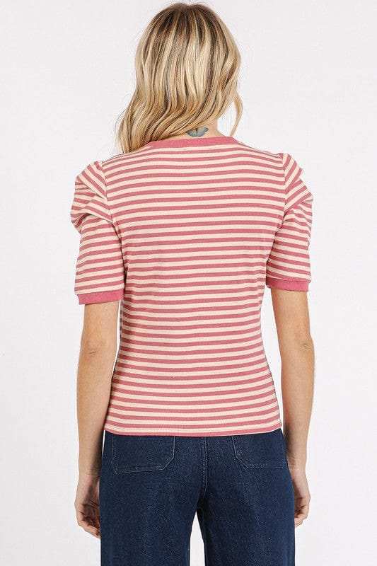 Mittoshop Striped Round Neck Puff Sleeve T-Shirt - Trendsi - Flyclothing LLC