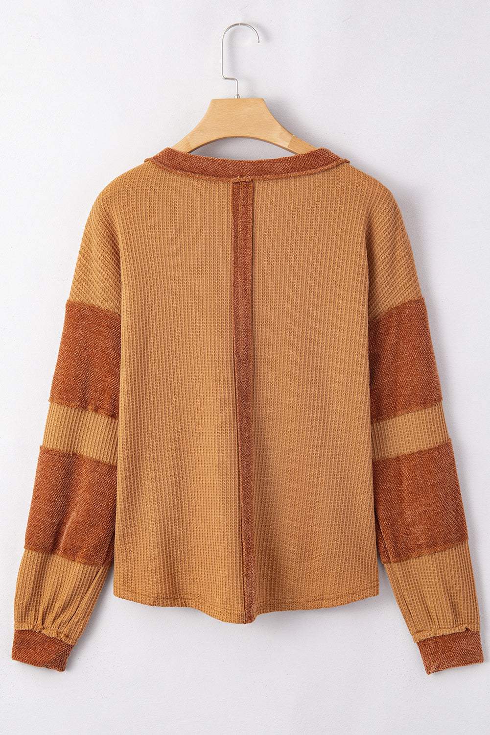 Contrast Patched Exposed Seam Waffle Knit Henley Top - Trendsi - Flyclothing LLC