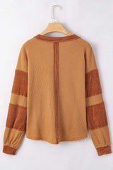 Contrast Patched Exposed Seam Waffle Knit Henley Top - Trendsi - Flyclothing LLC