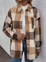 Curved Hem Plaid Collared Neck Shacket - Trendsi - Flyclothing LLC