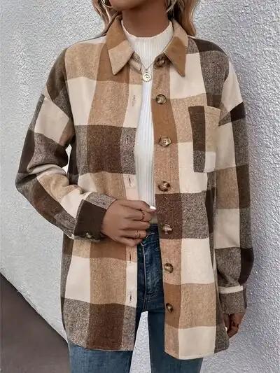 Curved Hem Plaid Collared Neck Shacket - Trendsi