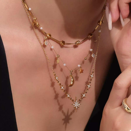 18K Gold-Plated Stainless Steel Zircon Star Moon Necklace - Trendsi - Flyclothing LLC