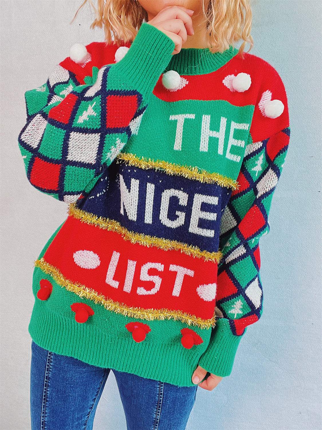 Pom-Pom Contrast Round Neck Long Sleeve Sweater - Trendsi - Flyclothing LLC
