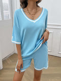 Contrast Trim V-Neck Top and Shorts Set - Trendsi - Flyclothing LLC