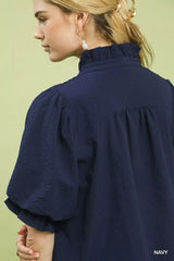 Umgee Textured Smocked Yoke Split-Neck Top - Trendsi - Flyclothing LLC