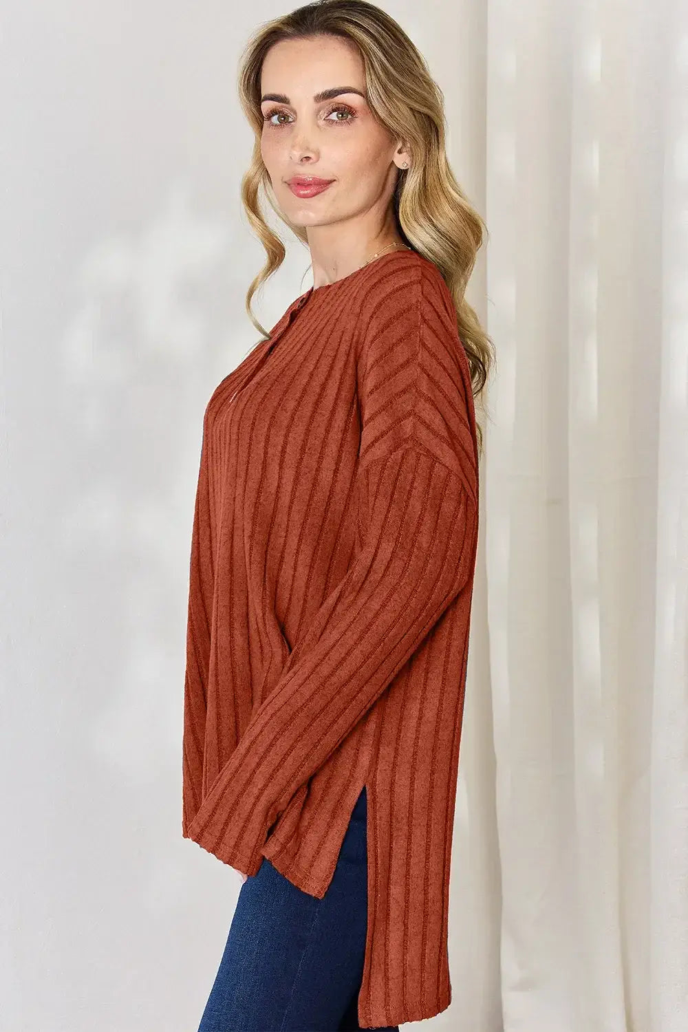 Basic Bae Full Size Ribbed Half Button Long Sleeve High-Low T-Shirt - ShopBasicbae - Flyclothing LLC