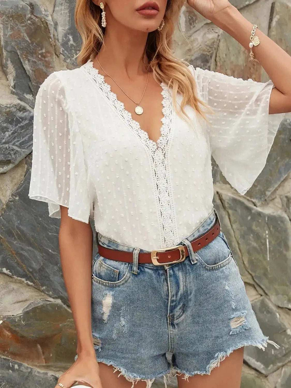 Lace Detail V-Neck Siwss Dot Blouse - Trendsi - Flyclothing LLC