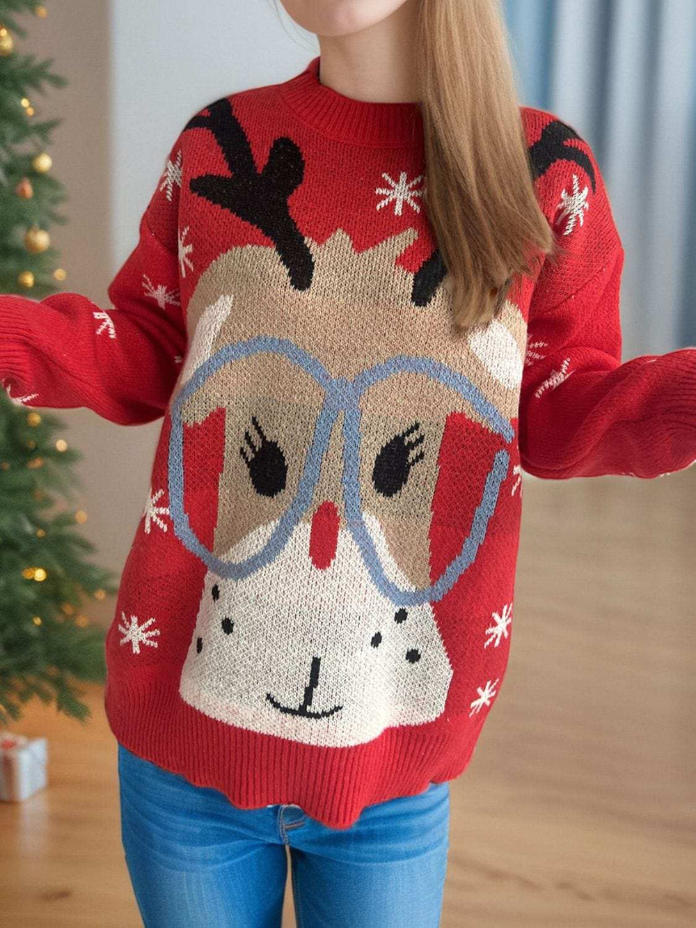 Reindeer Round Neck Dropped Shoulder Sweater - Trendsi - Flyclothing LLC