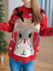 Reindeer Round Neck Dropped Shoulder Sweater - Trendsi