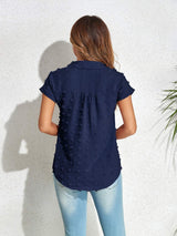 Swiss Dot Button Up Cap Sleeve Shirt - Trendsi - Flyclothing LLC