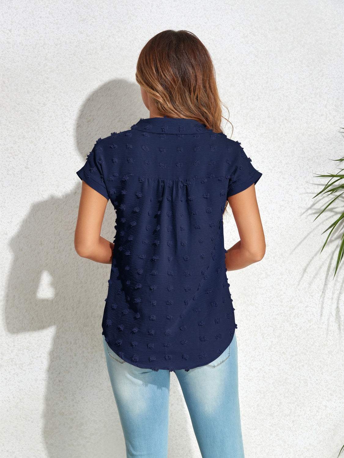Swiss Dot Button Up Cap Sleeve Shirt - Trendsi - Flyclothing LLC