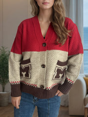 Pocketed Contrast V-Neck Button Up Cardigan - Trendsi