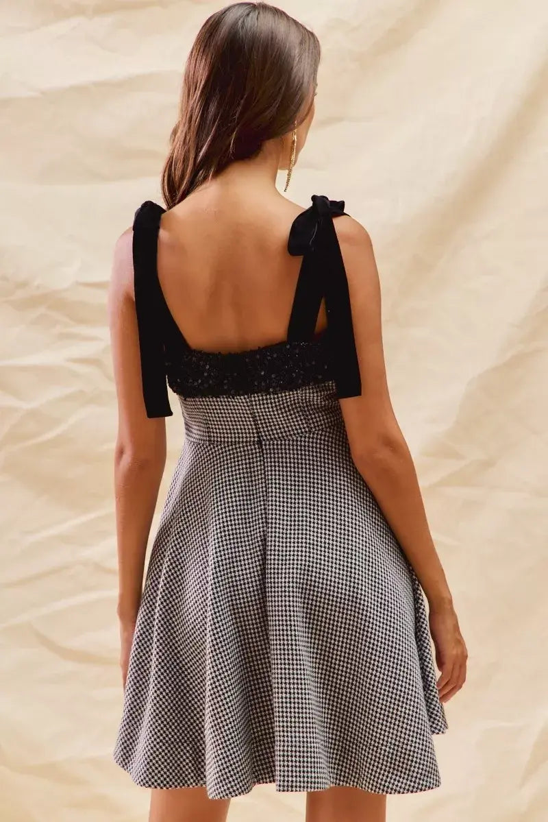 SO ME Houndstooth Fit Flare Mini Dress with Shoulder Tie - Trendsi - Flyclothing LLC