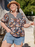 Plus Size Printed Notched Half Sleeve Blouse - Trendsi - Flyclothing LLC