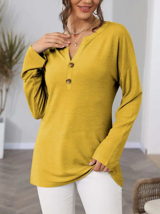 Notched Long Sleeve T-Shirt - Trendsi - Flyclothing LLC