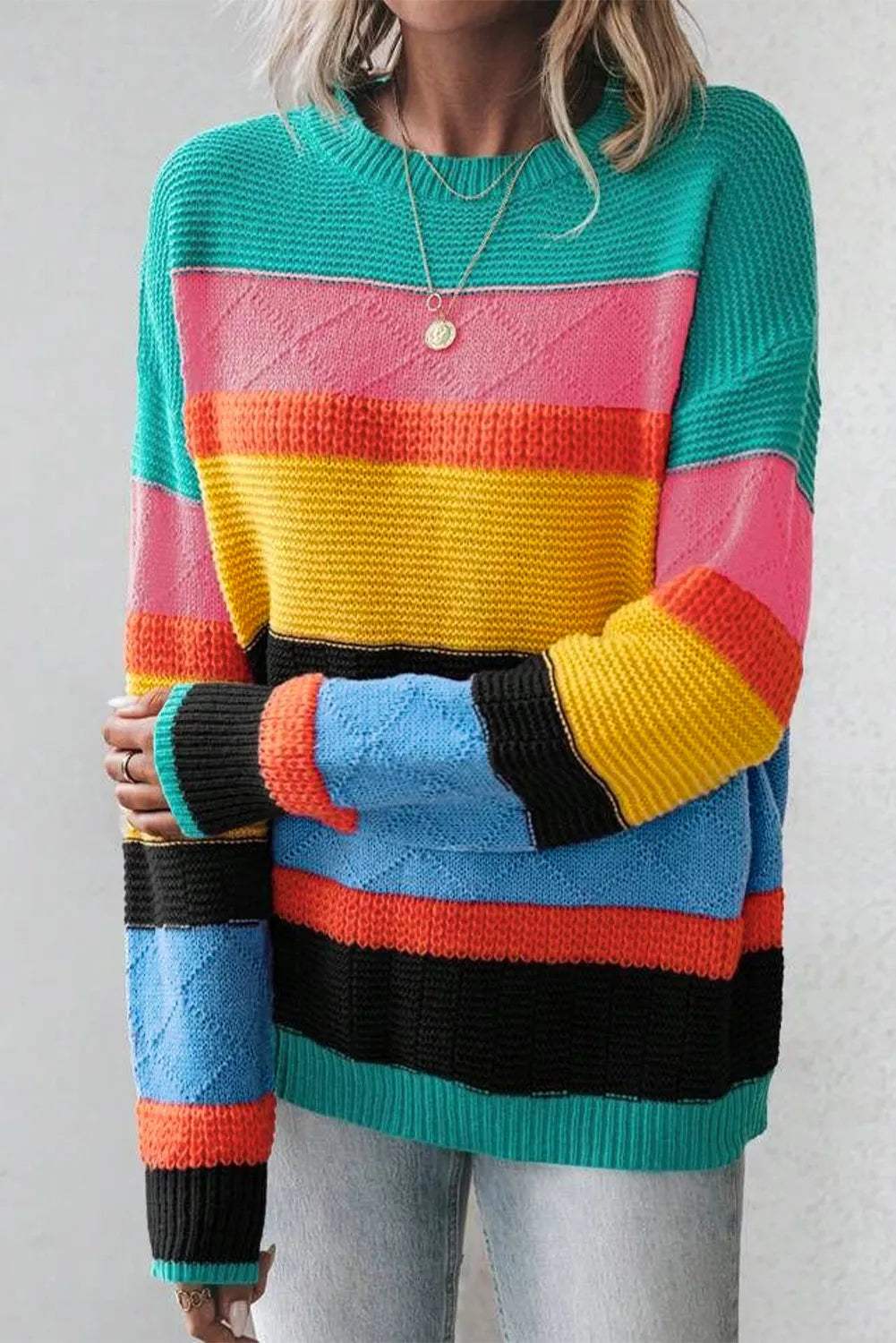 Contrast Round Neck Dropped Shoulder Sweater - Trendsi - Flyclothing LLC