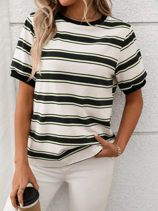 Contrast Striped Round Neck Short Sleeve T-Shirt - Trendsi - Flyclothing LLC