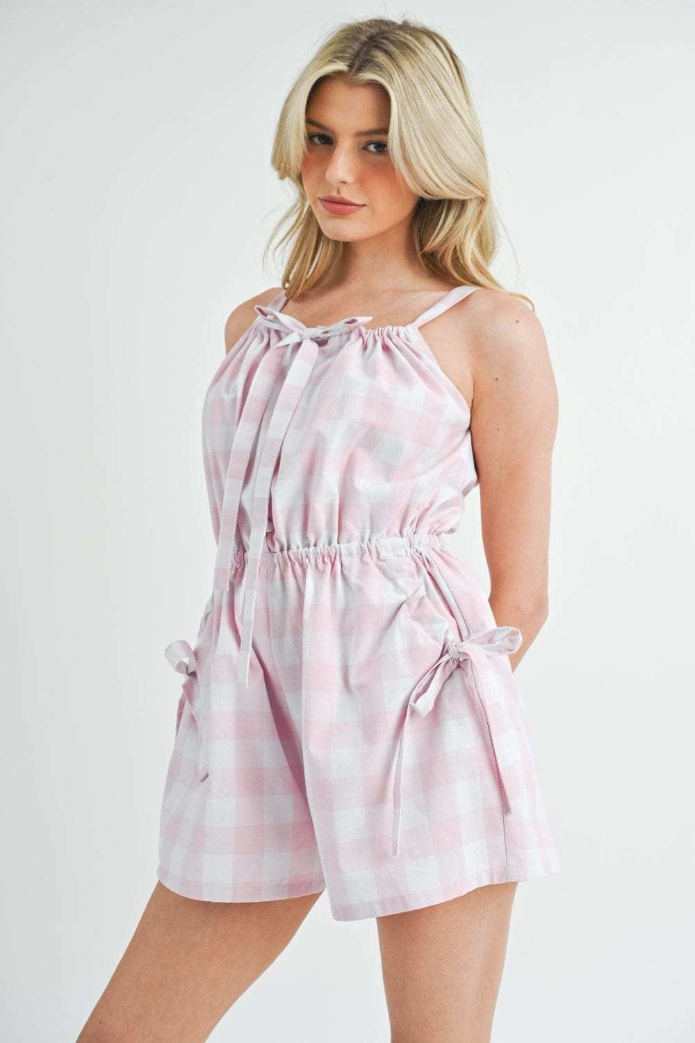 MABLE Plaid Sleeveless Button Down Romper - Trendsi - Flyclothing LLC