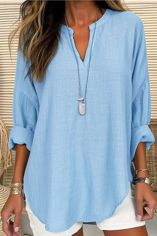 Solid Color Notched Long Sleeve Blouse - Trendsi - Flyclothing LLC