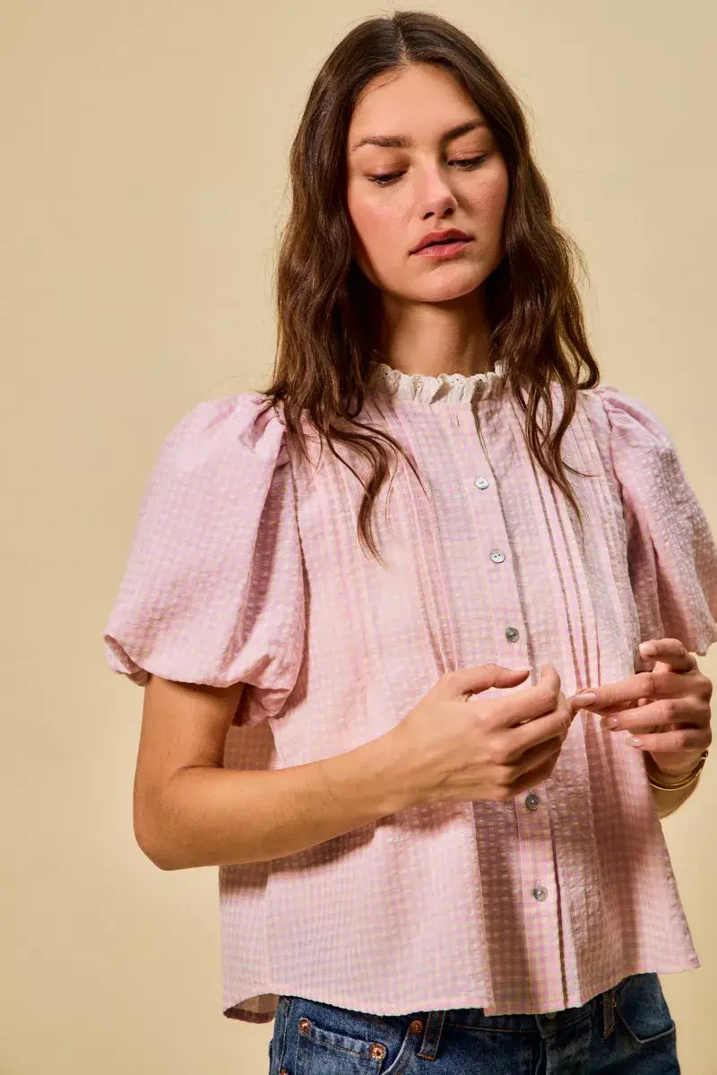 SO ME Gingham Lace Trim Button Bubble Sleeves Blouse - Trendsi - Flyclothing LLC